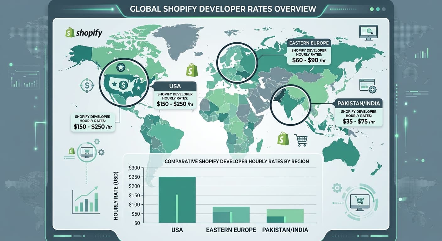 Shopify developer hourly rates by region comparison infographic