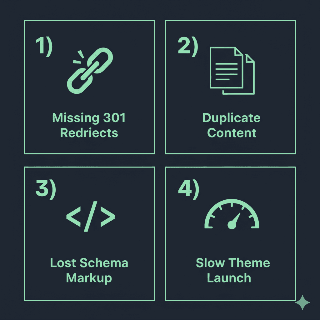 Infographic showing the 4 most common Shopify migration SEO mistakes: missing 301 redirects, duplicate content during launch, lost structured data, and unoptimised page speed on new theme