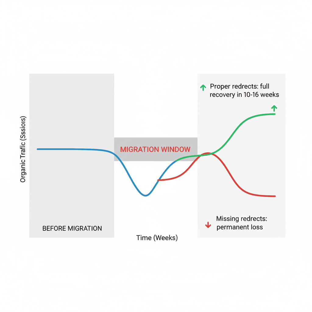 Diagram showing the SEO risk timeline during a platform migration — organic traffic dip during migration, recovery curve, and the "preventable loss zone" that proper redirects and technical setup eliminates