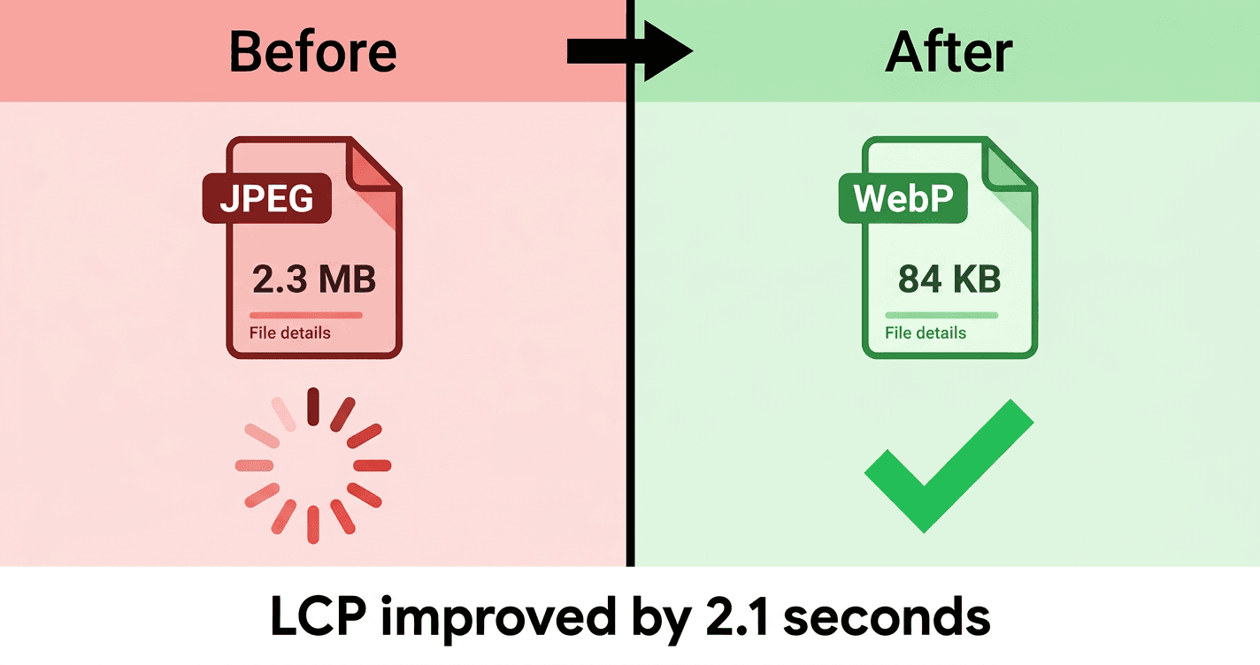 Side-by-side comparison of a Shopify hero image before and after optimisation — left side shows a heavy 2.3MB JPEG loading slowly, right side shows the same image as an 84KB WebP loading instantly