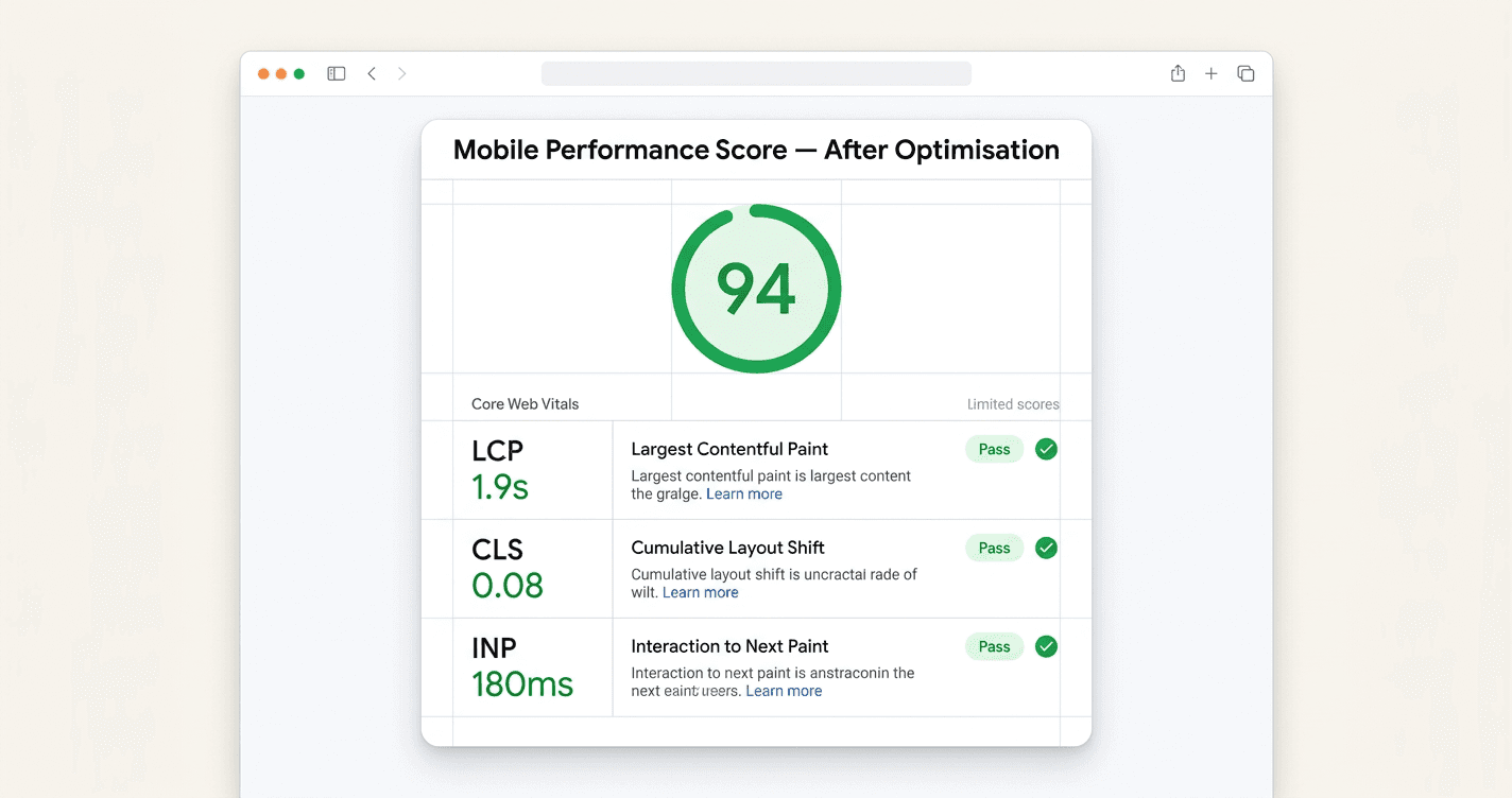Screenshot-style illustration of a PageSpeed Insights result showing a Shopify store scoring 94 on mobile — green score circle, all Core Web Vitals passing with green checkmarks