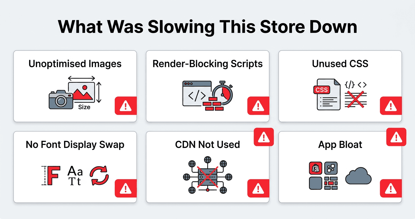 Diagram showing 6 root causes of poor Shopify store performance: unoptimised images, render-blocking scripts, unused CSS, missing font-display swap, unused CDN transforms, and app bloat