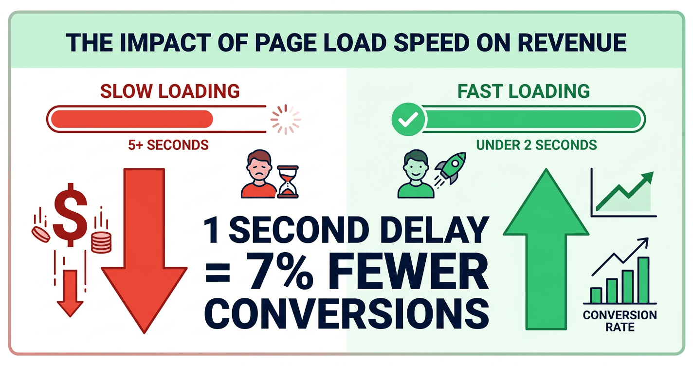 Infographic showing how a slow Shopify store directly impacts revenue — a 1-second delay reduces conversions by 7%, visualised as money leaking from a storefront