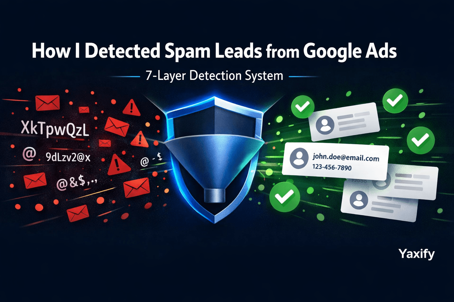 Graphic showing a shield blocking fake bot traffic and spam form submissions from Google Ads